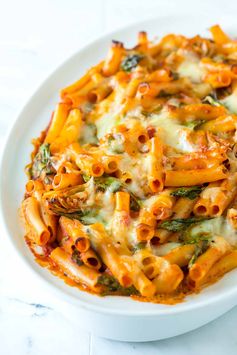 Simple Baked Ziti with Spinach, Artichokes and Pesto