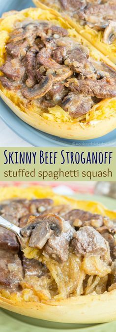 Skinny Beef Stroganoff Stuffed Spaghetti Squash for #SundaySupper