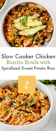 Slow Cooker Chicken Burrito Bowls with Spiralized Sweet Potato Rice