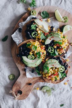 Spicy Black Bean Tostadas with Corn Salsa and Avocado