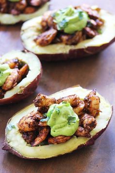 Spicy Shrimp Sweet Potato Boats with Avocado Crema