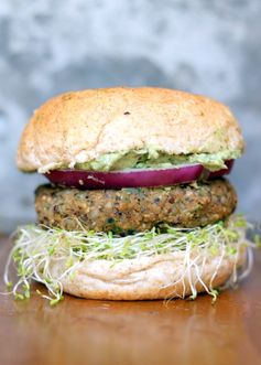 Spicy Sweet Potato Black Bean Burgers with avocado-cilantro crema + sprouts