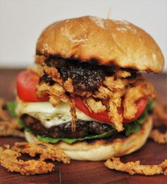 Sweet Bourbon Burgers with Crispy Onion Straws #burgermonth