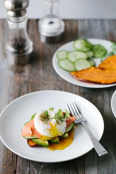 Sweet Potato “Toast” with Avocado, Cucumber, Smoked Salmon + Poached Egg