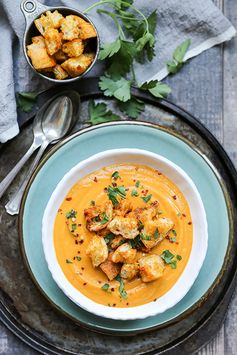 Sweet Potato, Pear and Leek Soup with Spiced Croutons