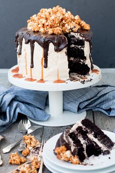 Triple Layer Chocolate Cake with Salted Caramel Buttercream Frosting, Chocolate Ganache and Caramel Popcorn