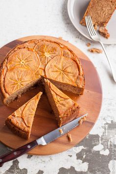Upside down persimmon cake with maple syrup and walnuts