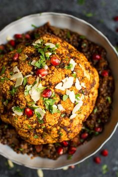 Vegan Christmas Dinner Main Dish - Baked Cauliflower with Spicy Lentils