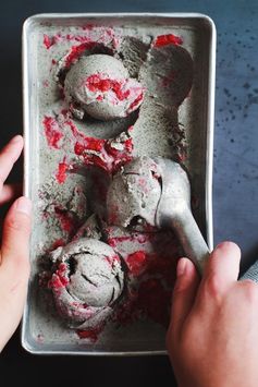 Vegan Coconut Black Sesame Ice Cream with Strawberry Swirl