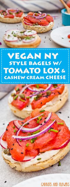 Vegan NY Style Bagels with Tomato Lox and Cashew Cream Cheese