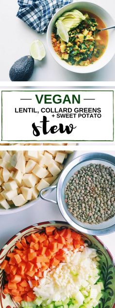 Vegan sweet potato, lentil + collard greens stew