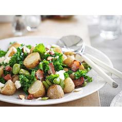 Warm potato and broad bean salad with bacon and feta