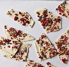 White Chocolate Bark with Pistachios, Raspberries and Candied Violets