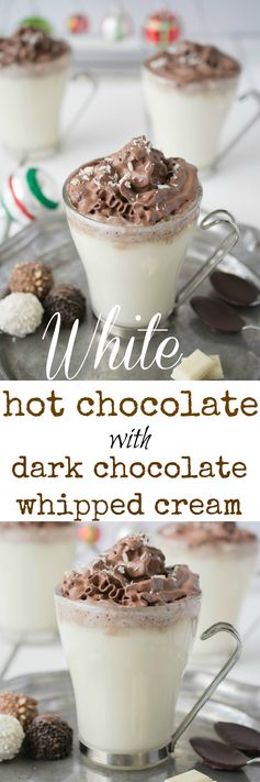 White hot chocolate with dark chocolate whipped cream