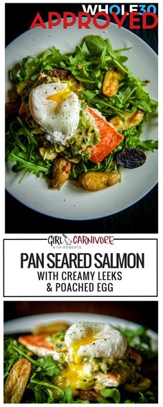 Whole 30 Approved Pan Seared Salmon with Creamy Leeks and Poached Egg