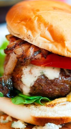 4th of July Blue Cheese Burgers with Caramelized Onion and Arugula