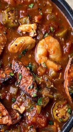 “Gumbo-laya” Stew with Spicy Sausage, Chicken, Shrimp and Okra over Fragrant Garlic Rice