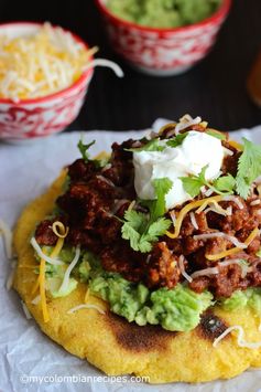 Arepas with Beef Chili, Guacamole and Cheese