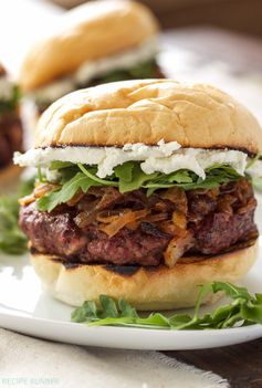 Bacon Burgers with Bourbon Caramelized Onions and Goat Cheese