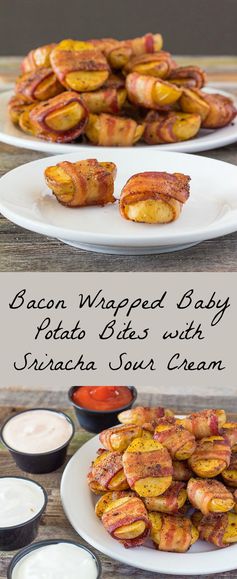 Bacon Wrapped Baby Potato Bites with Sriracha Sour Cream