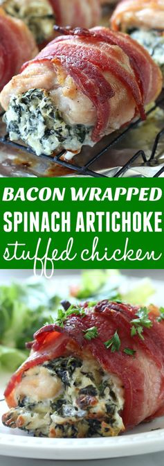 Bacon Wrapped Spinach Artichoke Stuffed Chicken