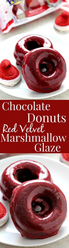 Baked Chocolate Donuts with Red Velvet Marshmallow Glaze