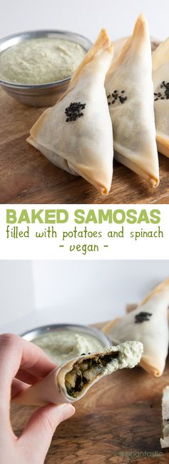 Baked Samosas filled with potatoes and spinach (vegan