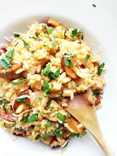 Beer risotto with sausage and gouda