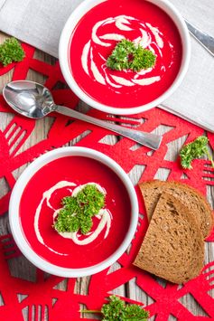 Beet, Sweet Potato, Ginger & Coconut Milk Soup with Lemon Tahini Drizzle