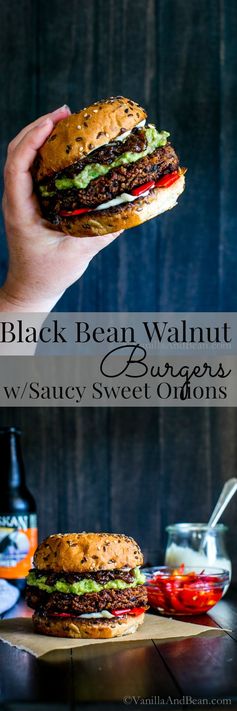 Black Bean Walnut Burgers with Saucy Sweet Onions