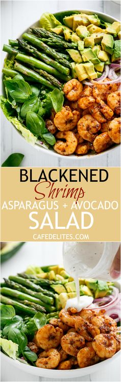 Blackened Shrimp, Asparagus and Avocado Salad with Lemon Pepper Yogurt Dressing