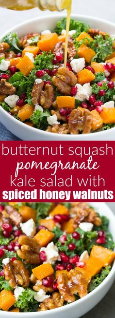 Butternut Squash and Pomegranate Kale Salad with Spiced Honey Walnuts