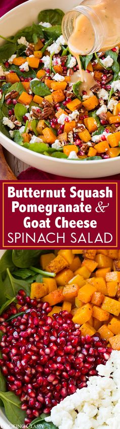 Butternut Squash, Pomegranate and Goat Cheese Spinach Salad with Red Wine Vinaigrette