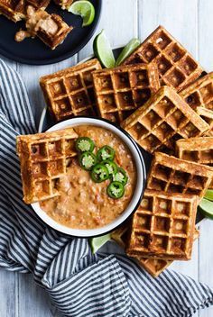 Cheddar Jalapeño Cornbread Waffles with Turkey Chile Con Queso Dip (gluten-free