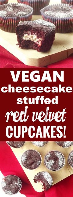 Cheesecake Stuffed Chocolate Chip Vegan Red Velvet Cupcakes