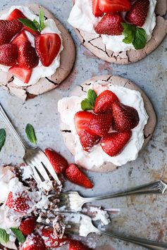 Chocolate Pavlovas with Bourbon Strawberries and Whipped Cream