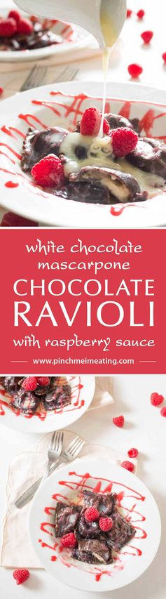 Chocolate Ravioli with White Chocolate Mascarpone and Raspberry Sauce