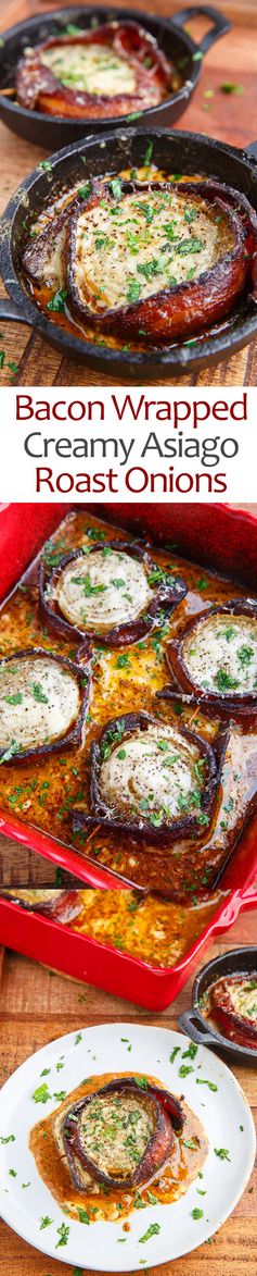 Creamy Asiago Bacon Wrapped Roasted Onions