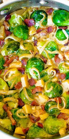 Creamy Brussels Sprouts with Bacon, Apples and Gorgonzola Cheese