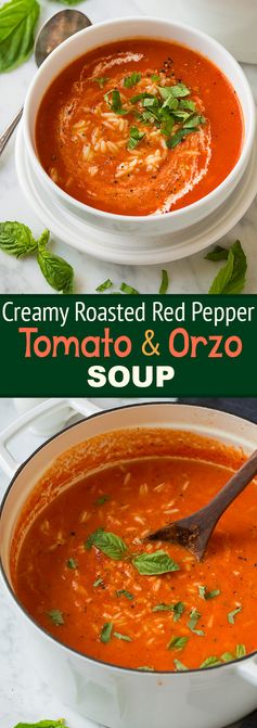 Creamy Roasted Red Pepper Tomato and Orzo Soup