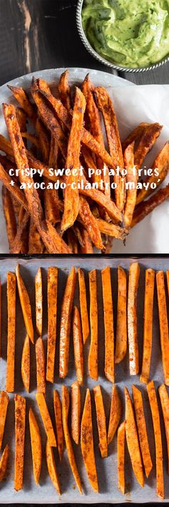 Crispy sweet potato fries with avocado-coriander dip