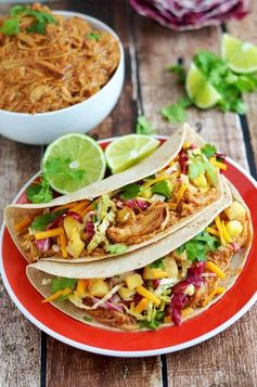 Crock Pot Hawaiian BBQ Chicken Tacos with Pineapple Slaw