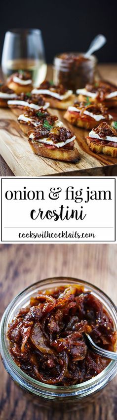 Fig & Onion Jam with Prosciutto & Brie on a Roasted Garlic Covered Crostini