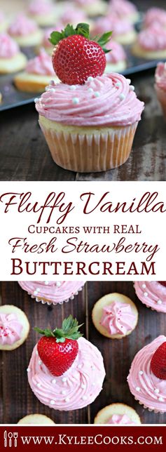 Fluffy Vanilla Cupcakes & REAL Fresh Strawberry Buttercream