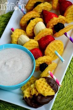 Fruit ‘n Waffle Kabobs with Maple Cinnamon Yogurt Dip