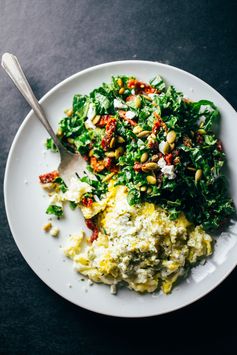 Goat Cheese Scrambled Eggs with Pesto Veggies