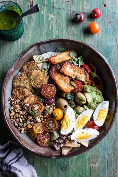 Greek Goddess Grain Bowl with Fried Zucchini, Toasted Seeds and Fried Halloumi