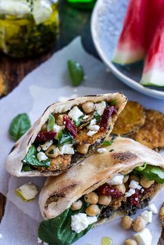 Greek Olive Pesto and Fried Zucchini Grilled Pitas w/Marinated Feta + Garbanzo Beans