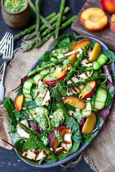 Griddled Halloumi and Peach Salad with Homemade Lemon Pesto