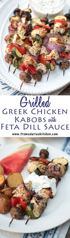 Grilled Greek Chicken Kabobs with Feta Dill Sauce